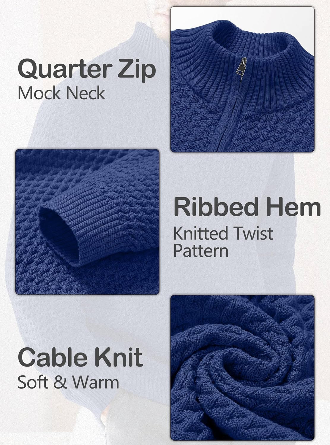 Men's Quarter Zip Sweater Mock Neck Pullover Ribbed Knit Casual Polo Sweaters-tidenox