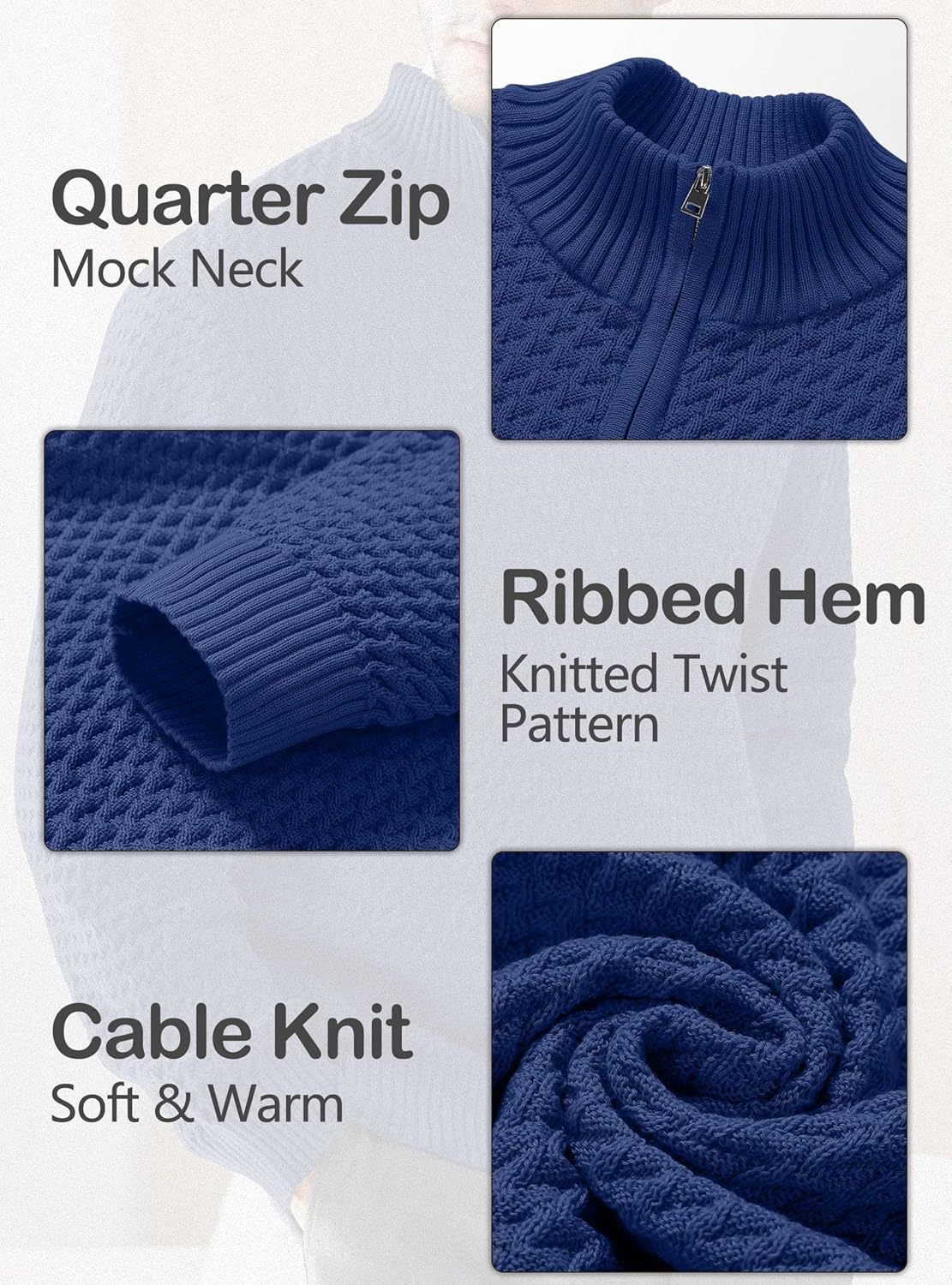 Men's Quarter Zip Sweater Mock Neck Pullover Ribbed Knit Casual Polo Sweaters-tidenox