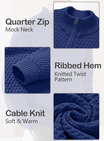 Men's Quarter Zip Sweater Mock Neck Pullover Ribbed Knit Casual Polo Sweaters-tidenox