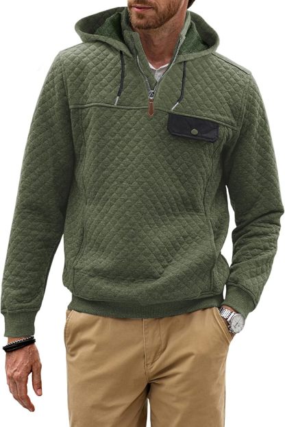 Men's Quilted Hoodies Casual Long Sleeve Quarter-Zip Pullover Sweatshirt with Pockets-tidenox