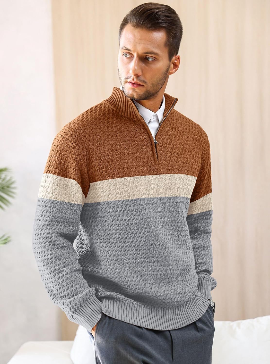 Men's Quarter Zip Sweater Mock Neck Pullover Ribbed Knit Casual Polo Sweaters-tidenox