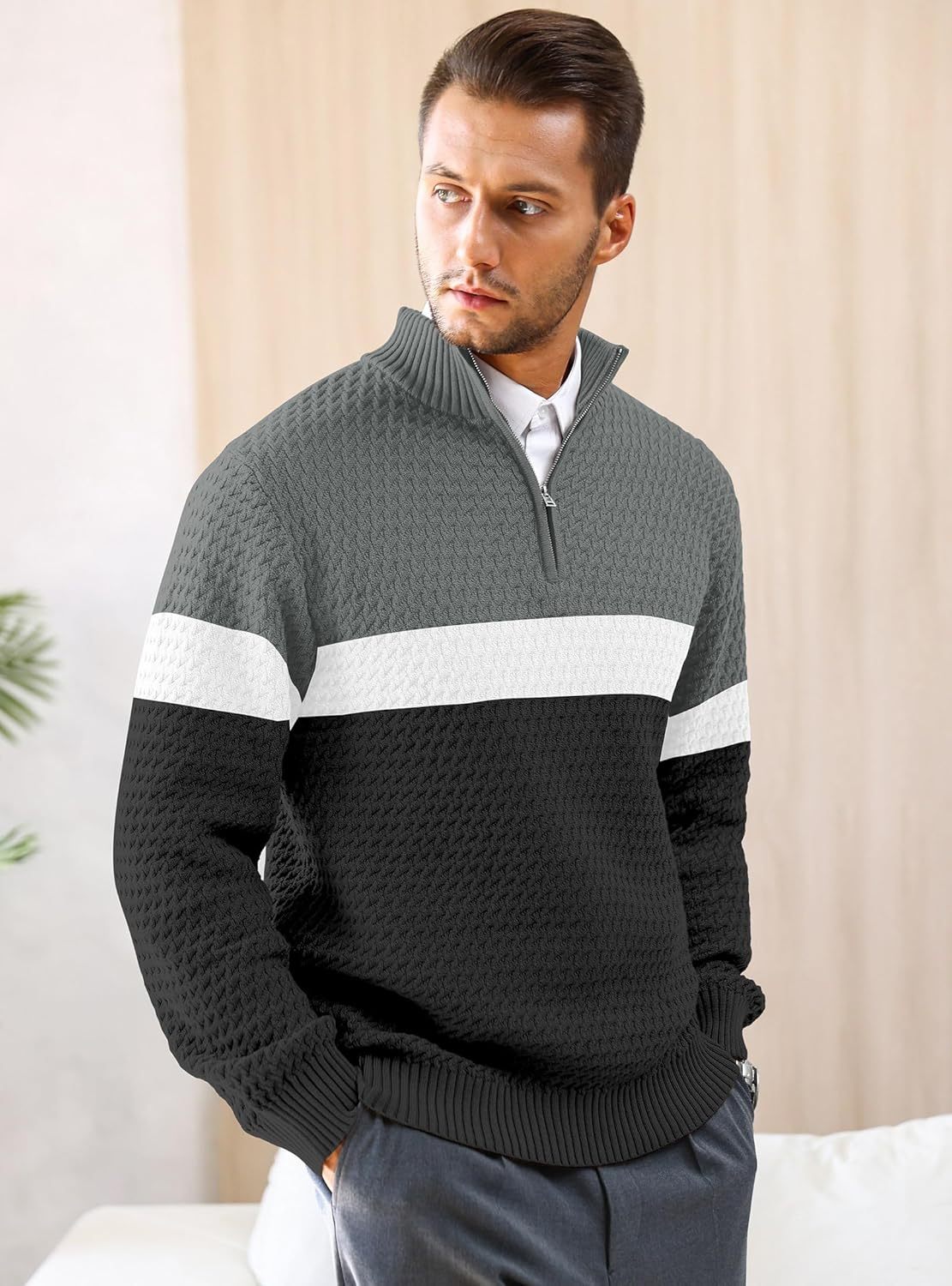Men's Quarter Zip Sweater Mock Neck Pullover Ribbed Knit Casual Polo Sweaters-tidenox