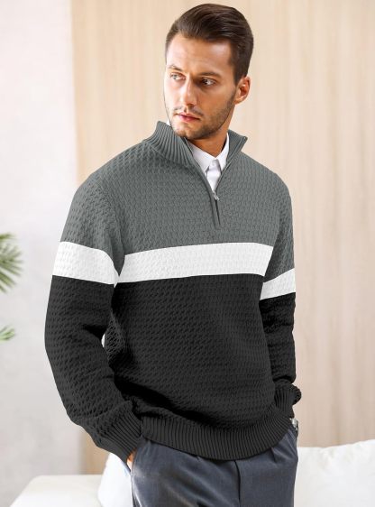 Men's Quarter Zip Sweater Mock Neck Pullover Ribbed Knit Casual Polo Sweaters-tidenox
