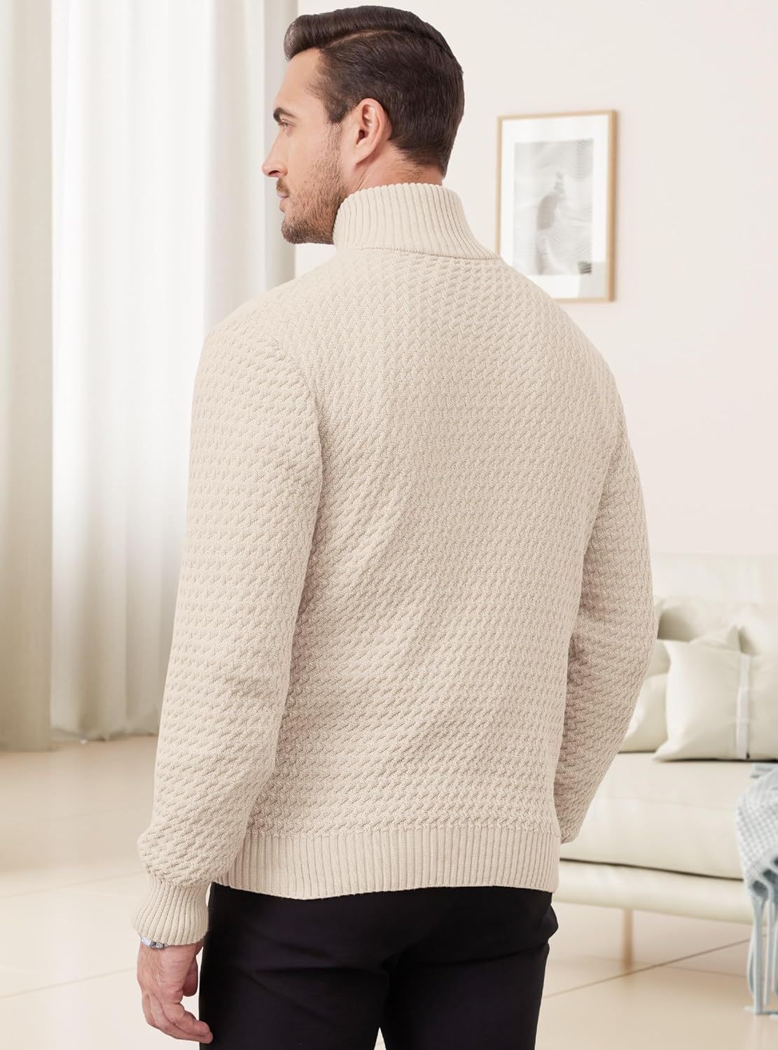 Men's Quarter Zip Sweater Mock Neck Pullover Ribbed Knit Casual Polo Sweaters-tidenox