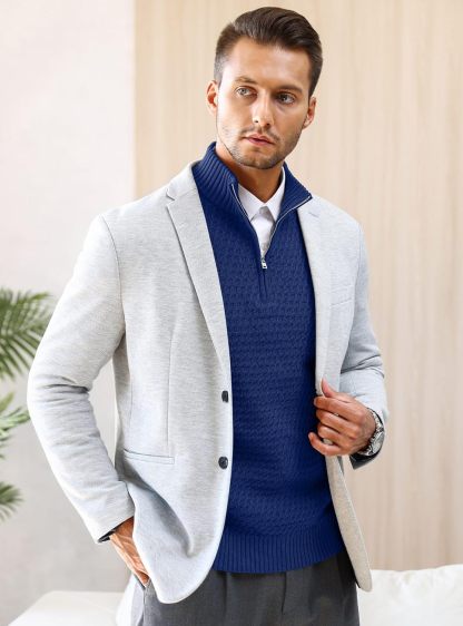 Men's Quarter Zip Sweater Mock Neck Pullover Ribbed Knit Casual Polo Sweaters-tidenox