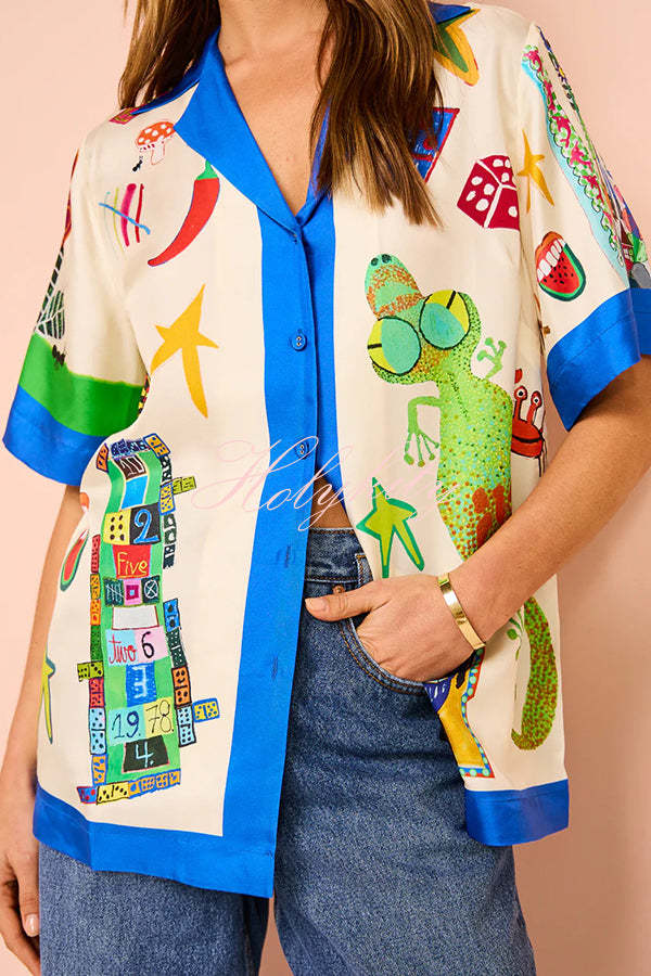 Vibrant Beach Satin Unique Print Colorblock Trim Button Down Oversized Blouse-tidenox