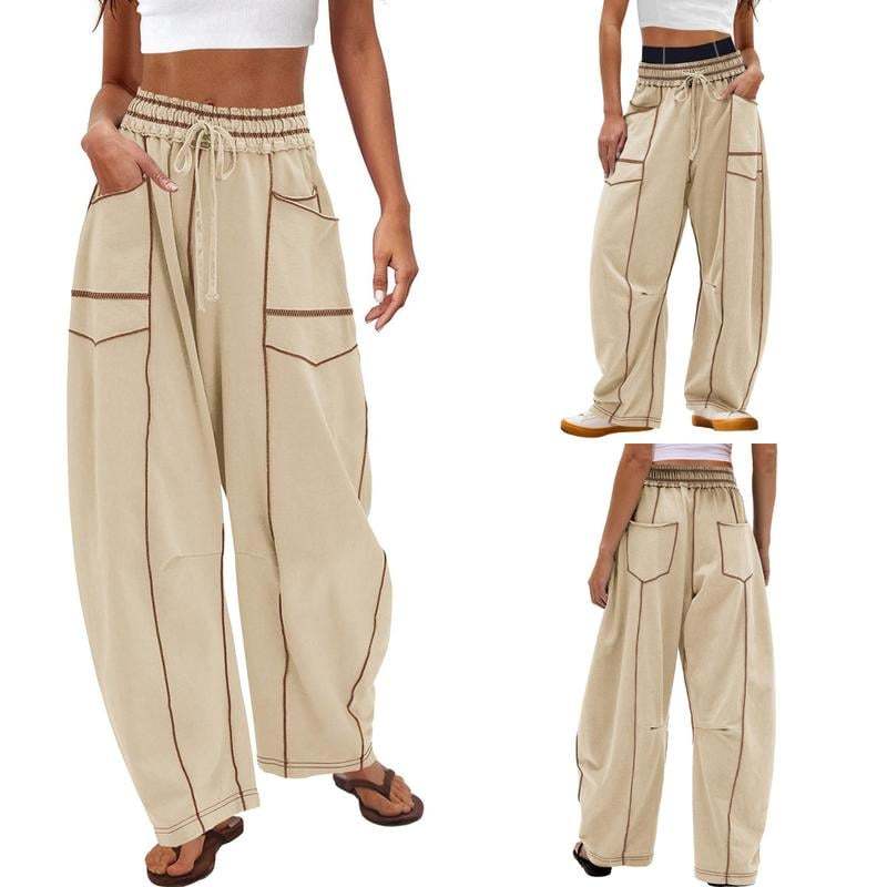 Womens Baggy Barrel Pants Wide Leg Lounge Drawstring Sweatpants with Pockets-tidenox