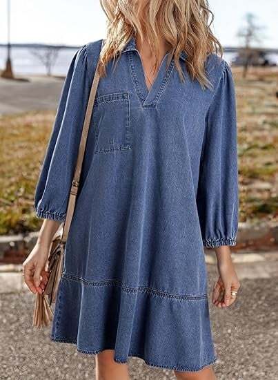 V-Neck Denim Dress — Where Comfort Meets Classic Style-tidenox