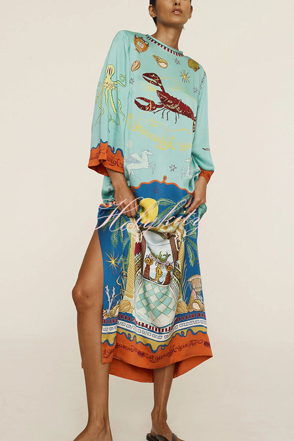 Satin Unique Print Long-sleeve Tie-waist Slit Maxi Dress-tidenox