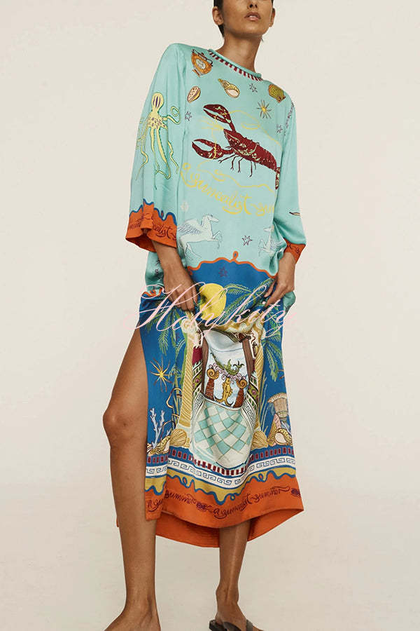 Satin Unique Print Long-sleeve Tie-waist Slit Maxi Dress-tidenox