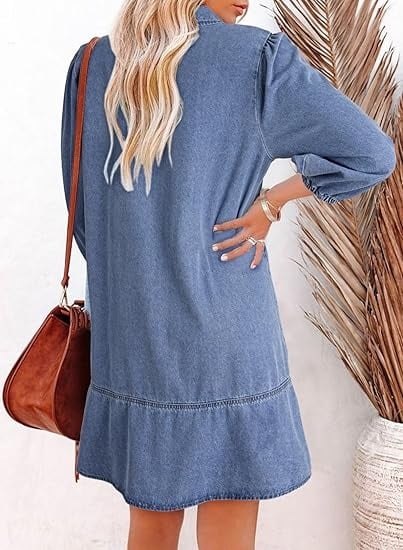 V-Neck Denim Dress — Where Comfort Meets Classic Style-tidenox
