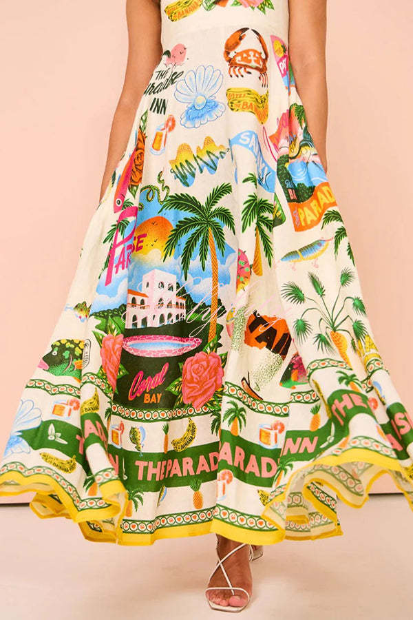 Holiday Paradise Linen Blend Unique Print Smocked Back Pocket Maxi Dress-tidenox