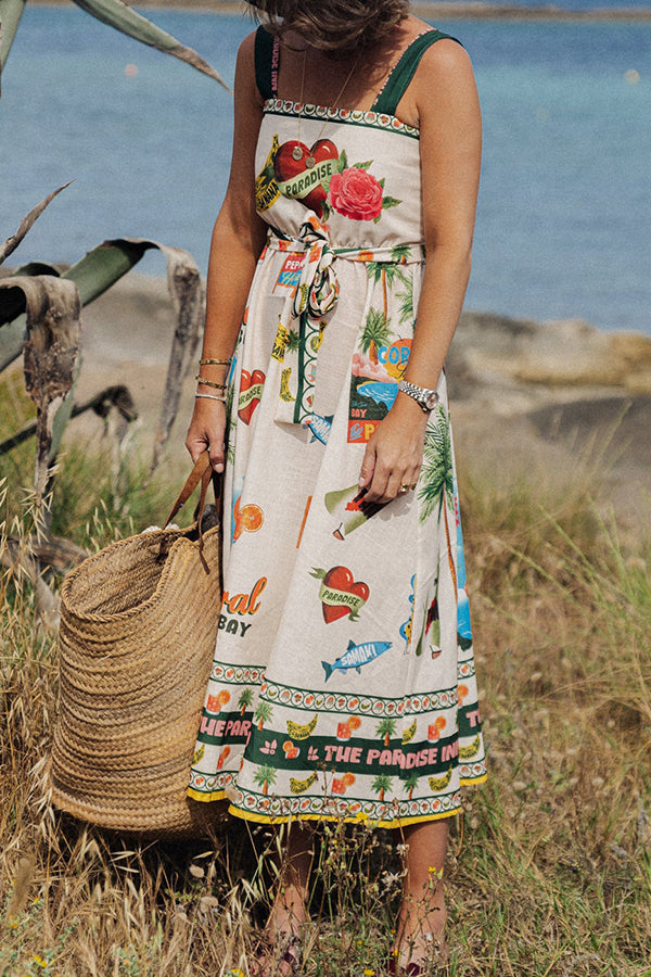 Summer Vibes Linen Blend Unique Print Smocked Belt Midi Dress-tidenox