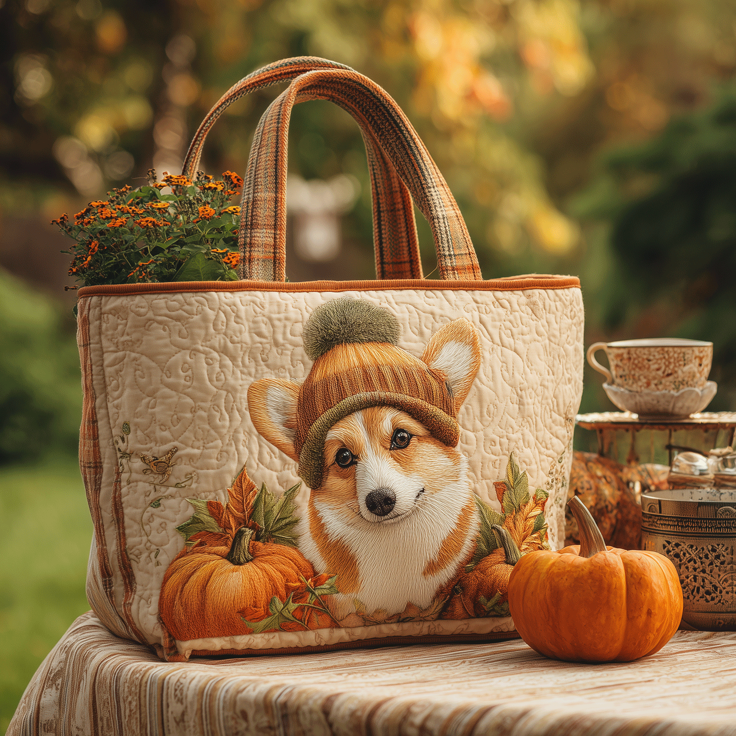 Fall Corgi Joy Quilted Tote Bag NCU0TH2771-tidenox