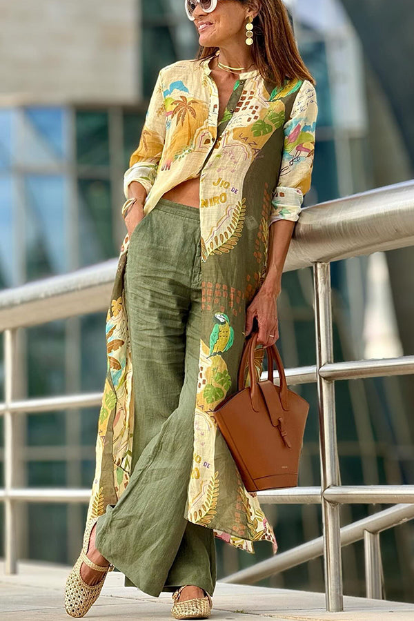 Cayla Linen Blend Unique Print Button Long Sleeve Shirt Midi Dress-tidenox