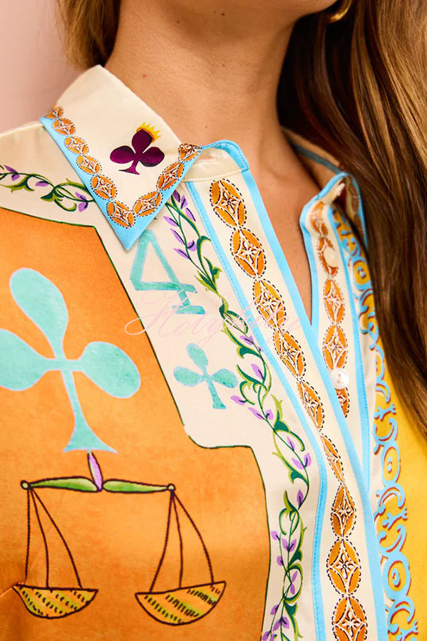 Funny Poker Summer Satin Unique Print Button Down Oversized Blouse-tidenox