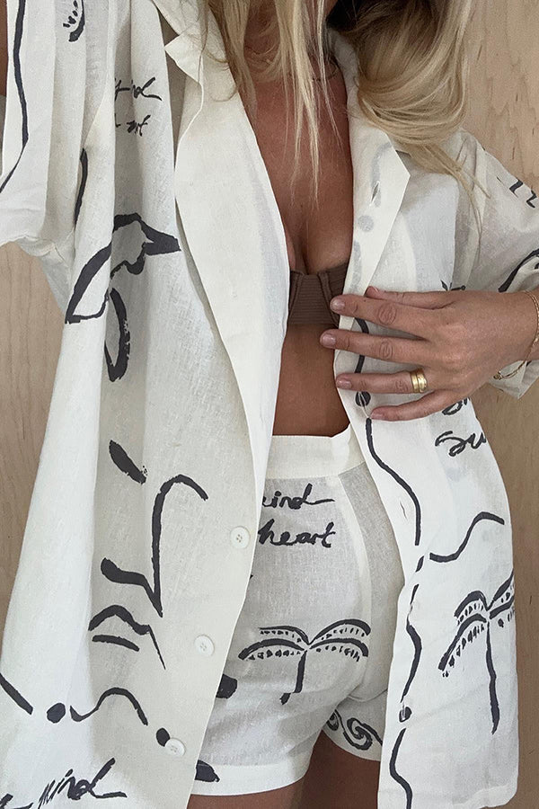 Free and True Linen Blend Hand-painted Print Blouse and Pocketed Shorts Set-tidenox
