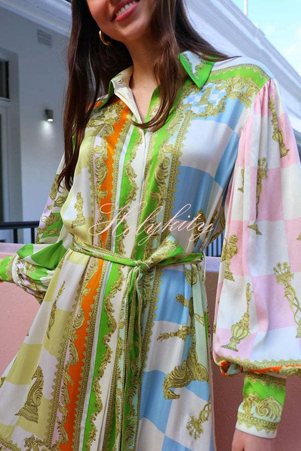 Garden Party Satin Unique Print Balloon Sleeve Belted Shirt Maxi Dress-tidenox