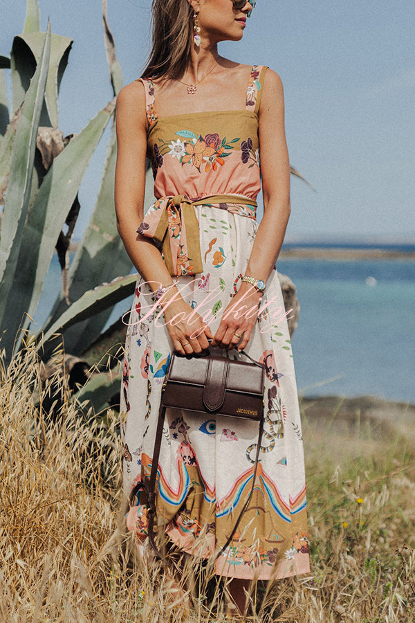 Summer Vibes Linen Blend Unique Print Smocked Belt Midi Dress-tidenox