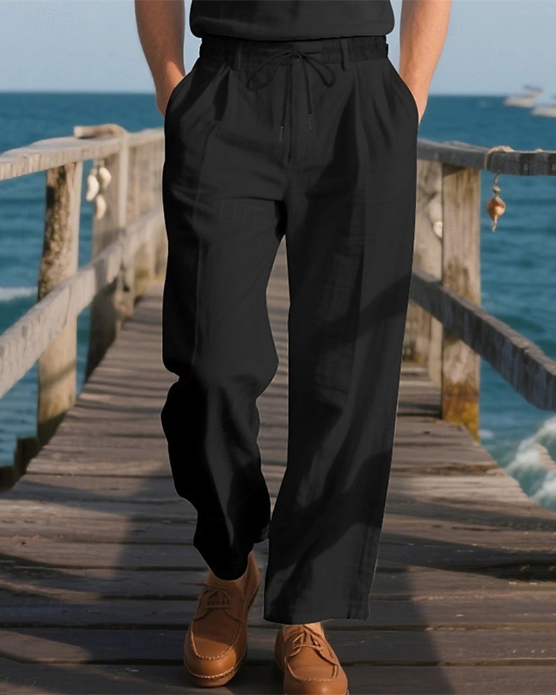 Men's Linen Pants Trousers Summer Pants Beach Pants Pocket Elastic Waist Drawstring Plain Comfort Breathable Vacation Daily Holiday Hawaiian Boho Black White 2025 - €21.99 –P11