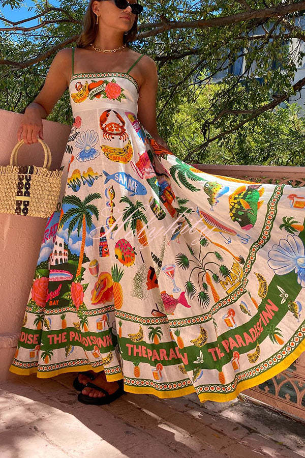 Holiday Paradise Linen Blend Unique Print Smocked Back Pocket Maxi Dress-tidenox