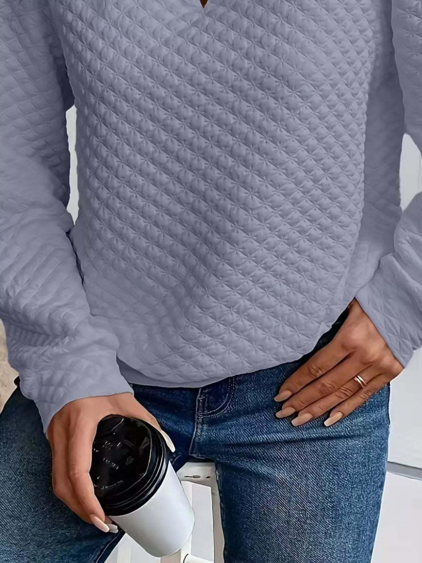 Textured Notched Raglan Sleeve Sweatshirt-tidenox