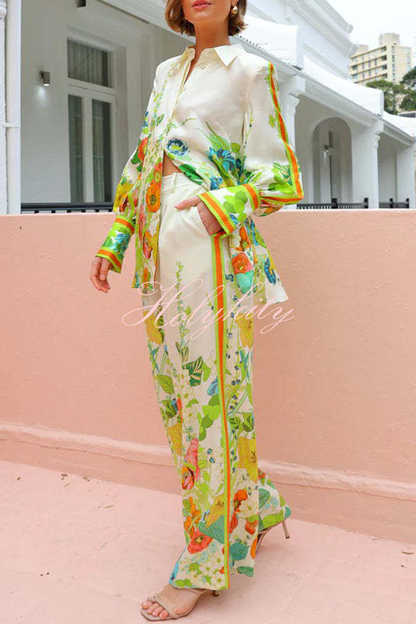 Marielle Satin Floral Print Back Elastic Waist Pocketed Wide Leg Pants-tidenox