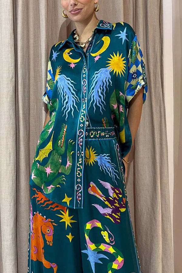 Beachy Chic Linen Blend Unique Print Button Down Oversized Blouse-tidenox