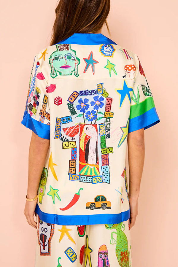 Vibrant Beach Satin Unique Print Colorblock Trim Button Down Oversized Blouse-tidenox