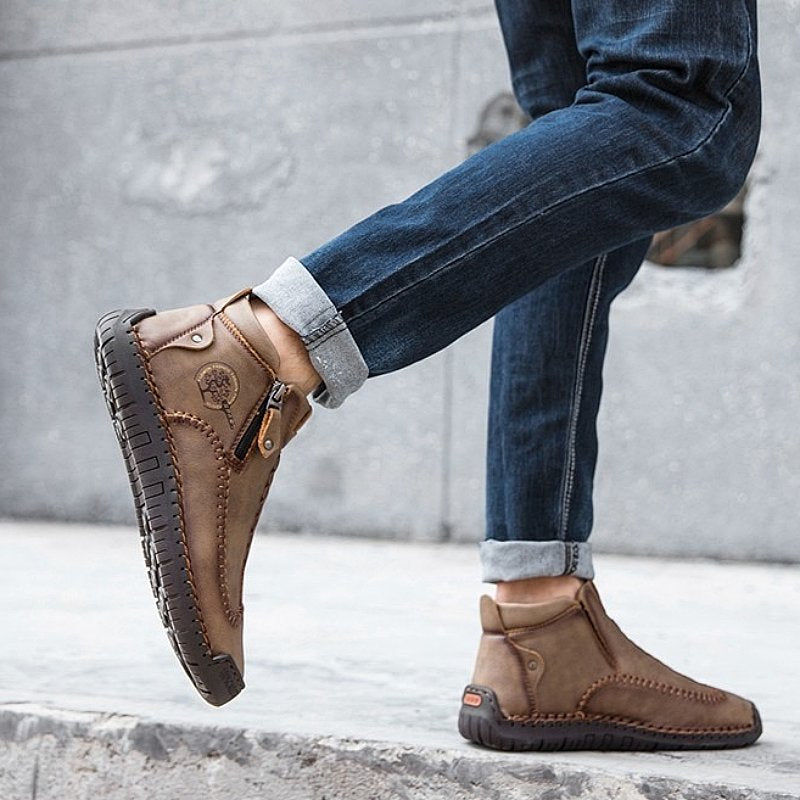 Zipper Plush Ankle Leather Orthopedic Shoes For Men Nonslip Boots-tidenox