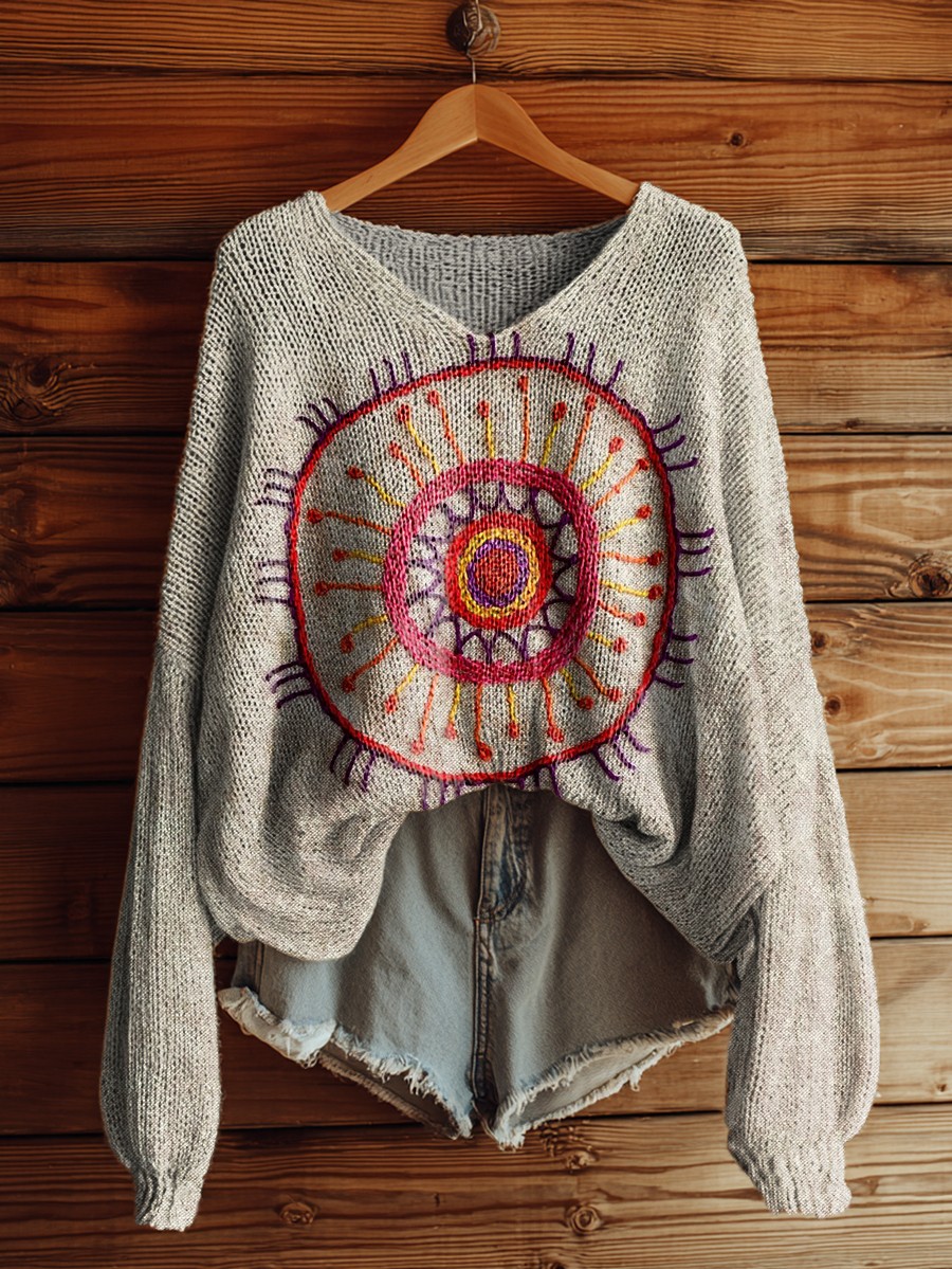 Women's Line Embroidery Print Art Casual Pullover Sweater-tidenox