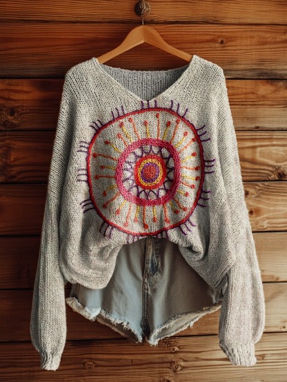 Women's Line Embroidery Print Art Casual Pullover Sweater-tidenox