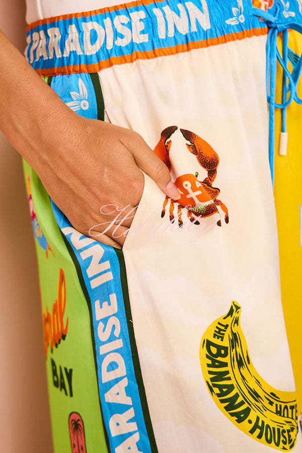 Kissed By The Sun Satin Unique Print Colorblock Elastic Waist Pocketed Wide Leg Pants-tidenox