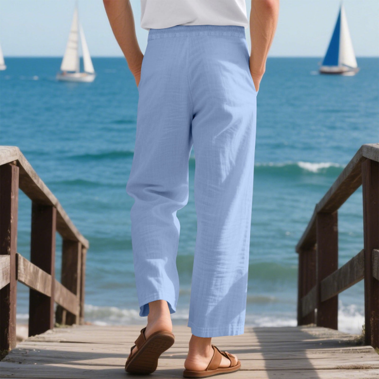 Men's linen trousers summer beach pants solid color comfortable breathable holiday leisure Hawaiian Bohemian style