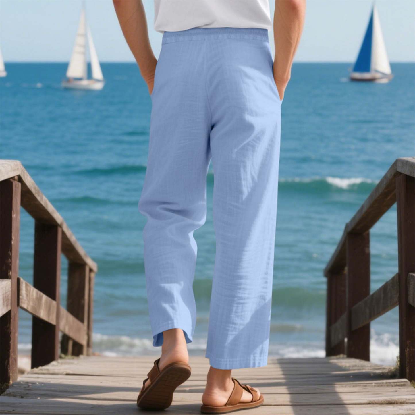 Men's linen trousers summer beach pants solid color comfortable breathable holiday leisure Hawaiian Bohemian style