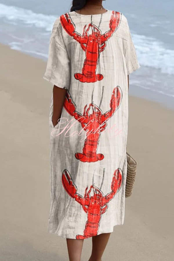 Unique Marine Print V-neck Short-sleeved Midi Dress-tidenox