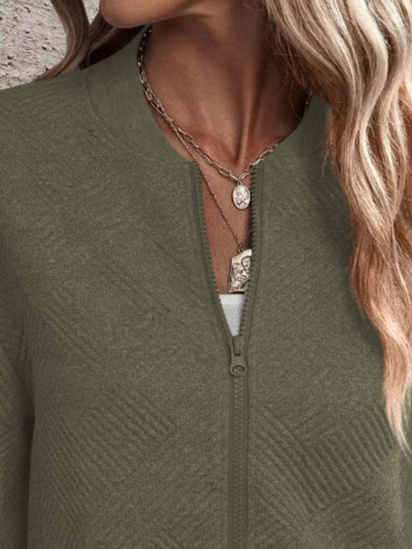 Full Size Zip Up Long Sleeve Textured Jacket Plus Size-tidenox