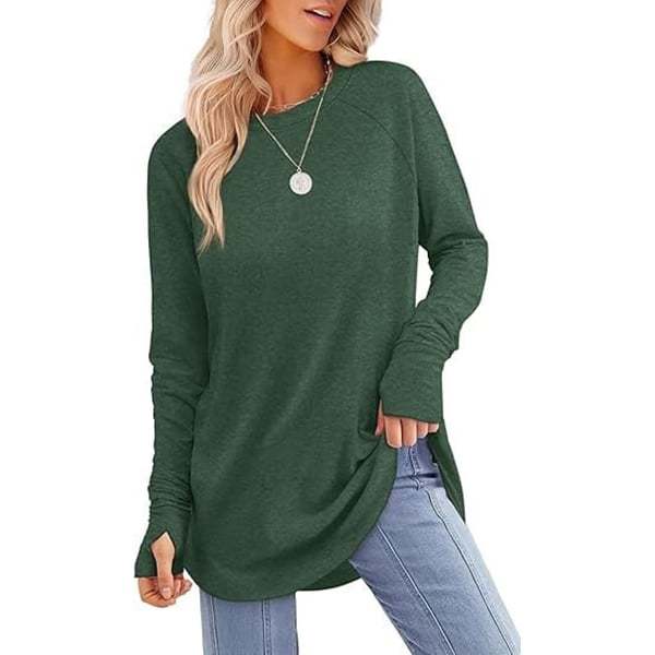 Womens Tunic Tops to Wear with Leggings Long Sleeve Thumb Hole Shirts Crew Neck Curved Hem-tidenox