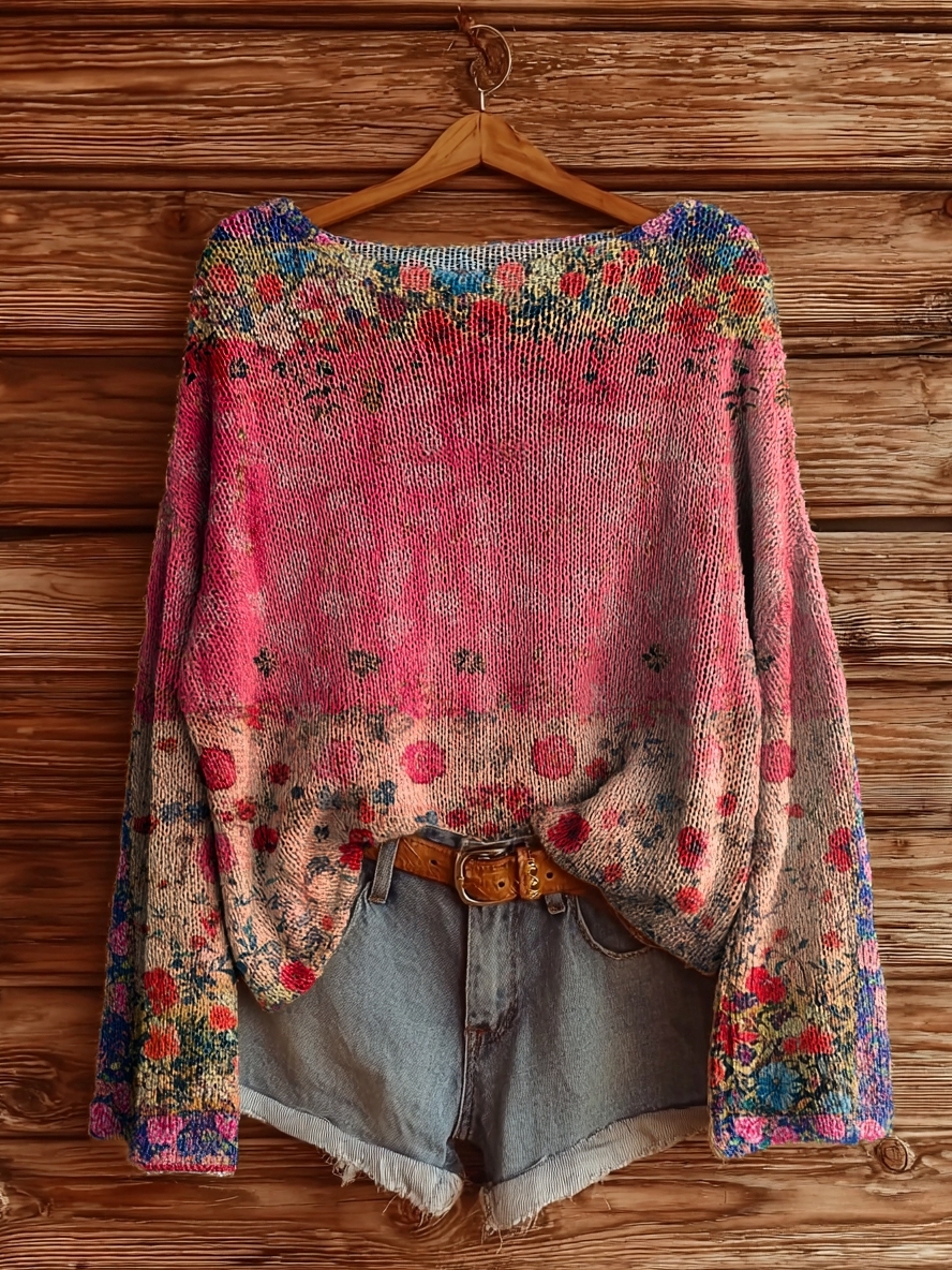 Women's Vintage Floral Pattern Art Print Casual Pullover Sweater-tidenox