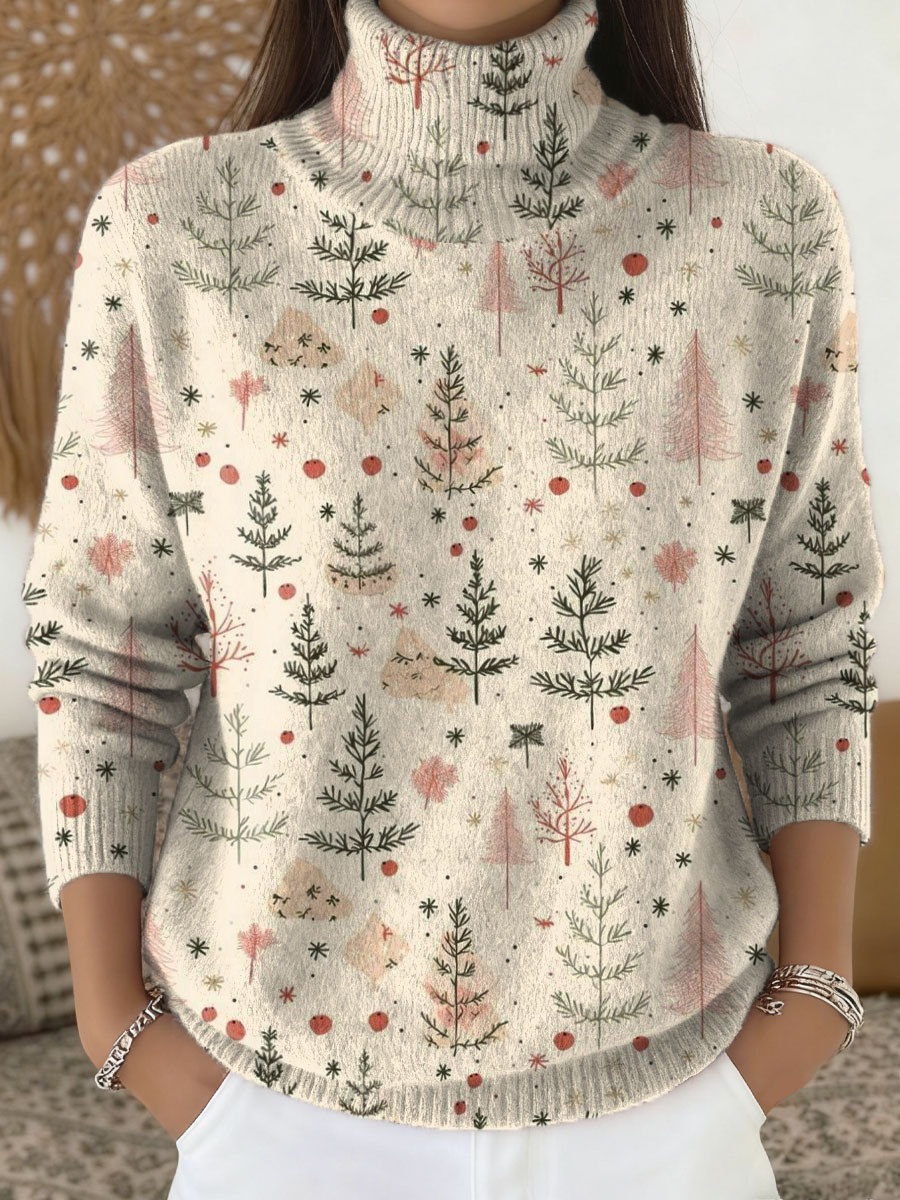 Women's Christmas Tree Art Print Buttoned Cardigan Sweater-tidenox