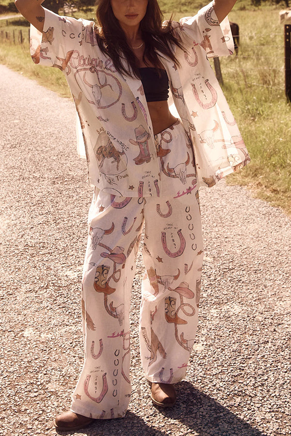 Linen Blend Unique Printed Short-sleeved Shirt and Elastic Waisted Baggy Pants Set-tidenox