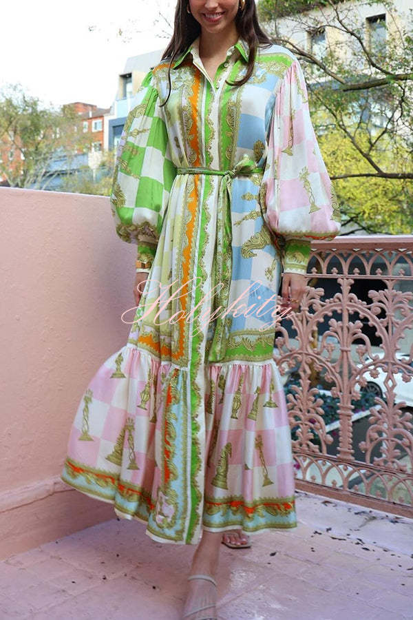 Garden Party Satin Unique Print Balloon Sleeve Belted Shirt Maxi Dress-tidenox