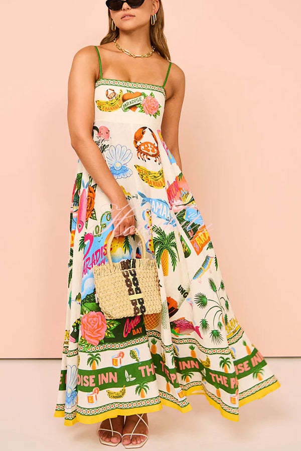 Holiday Paradise Linen Blend Unique Print Smocked Back Pocket Maxi Dress-tidenox