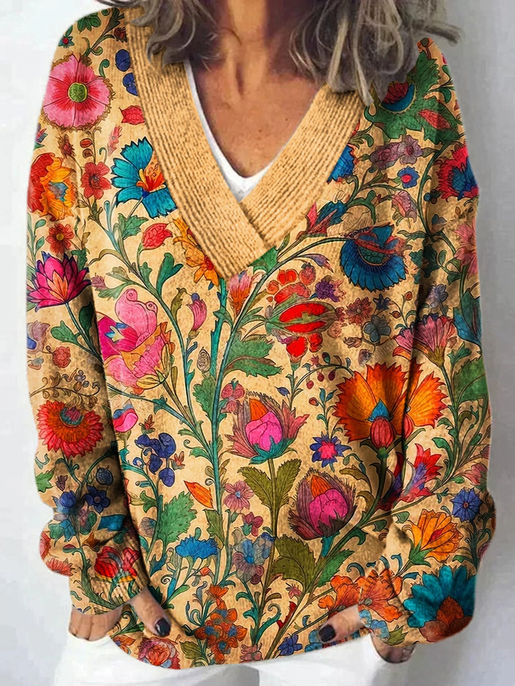 Vintage Floral Art Print Knit V-neck Pullover Sweater