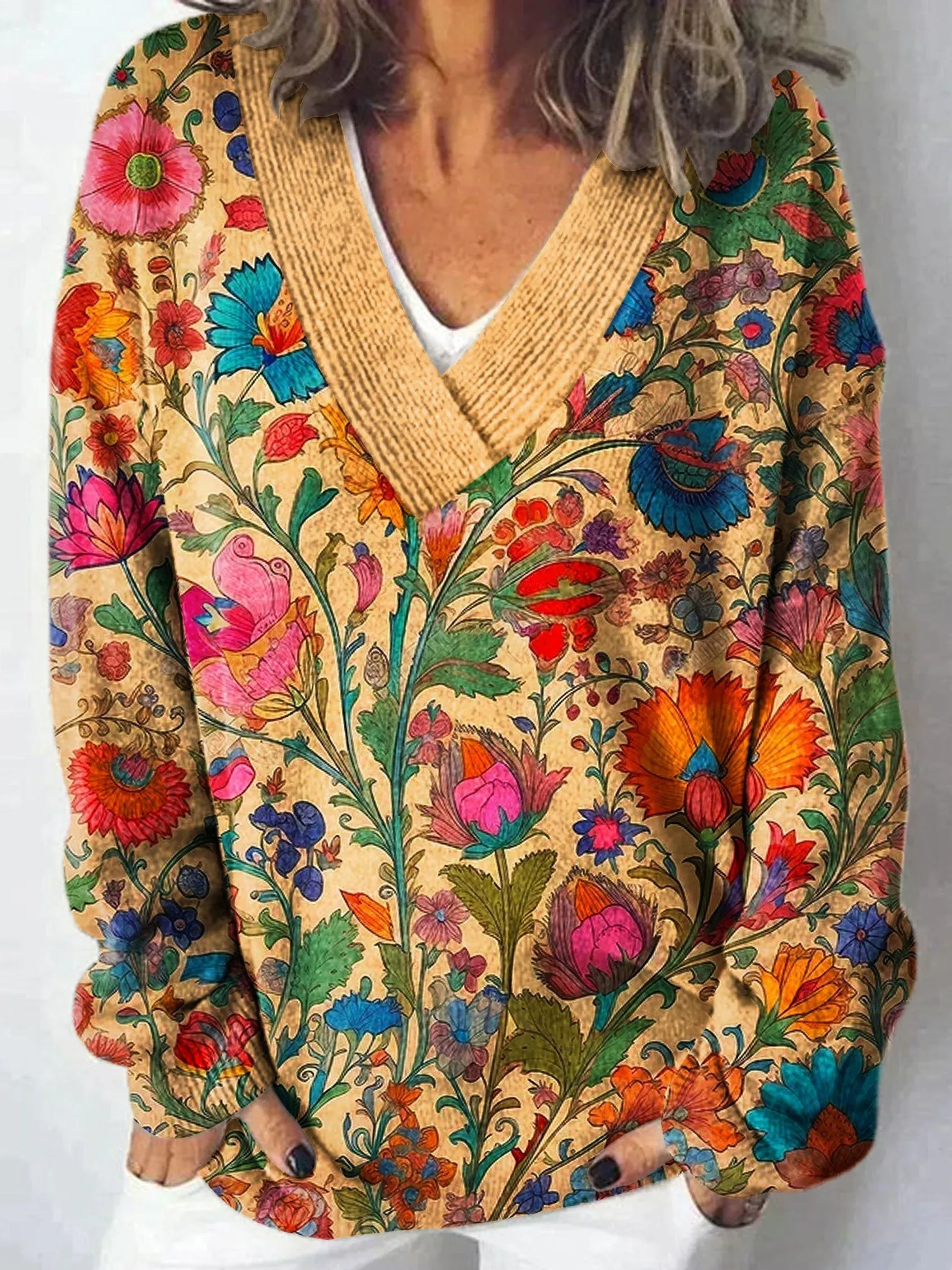 Vintage Floral Art Print Knit V-neck Pullover Sweater