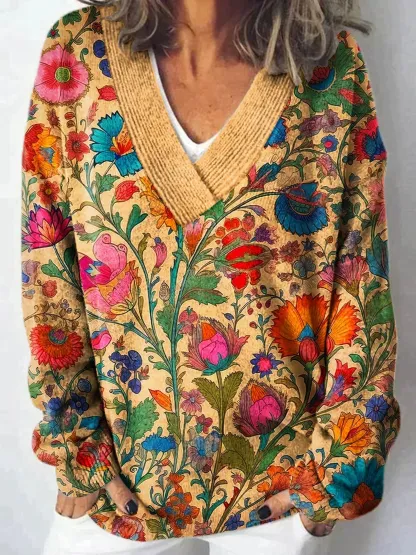 Vintage Floral Art Print Knit V-neck Pullover Sweater