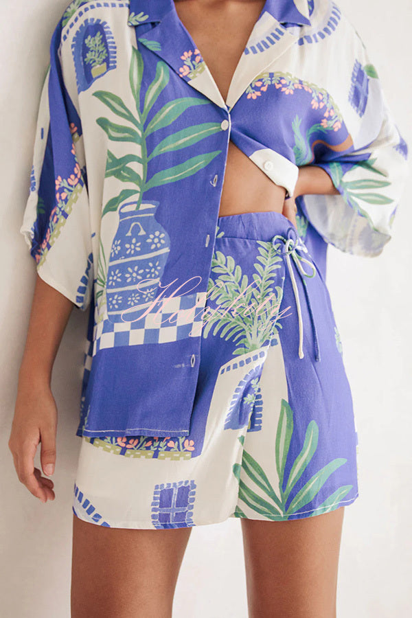 Balmy Summer Nights Unique Print Loose Shirt and Elastic Waist Wrap Lace-up Skirt Set-tidenox