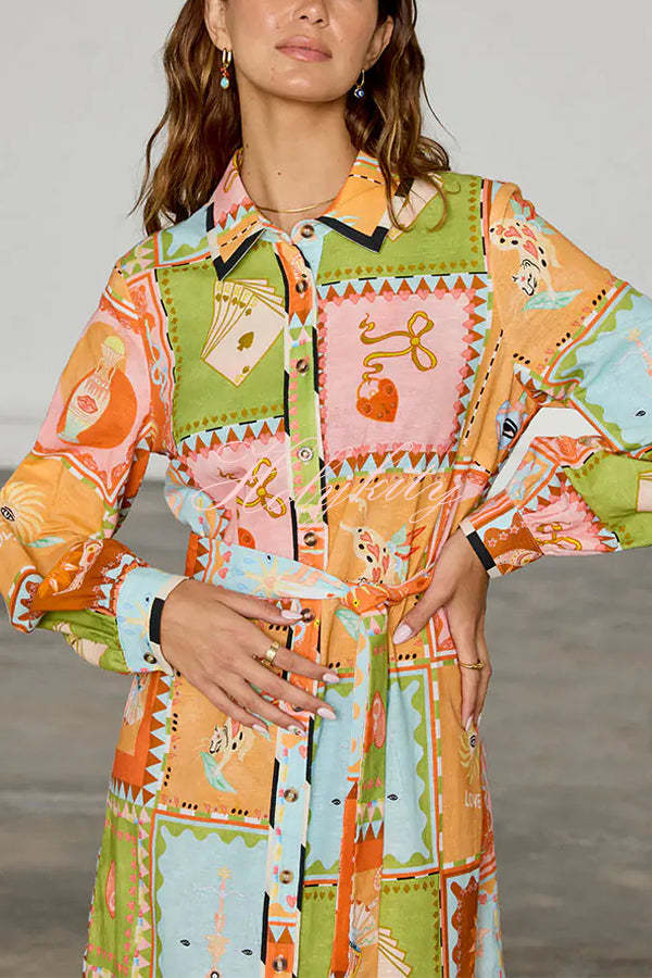 Linen Blend Unique Printed Long Sleeve Lapel Tie-waist Midi Dress-tidenox