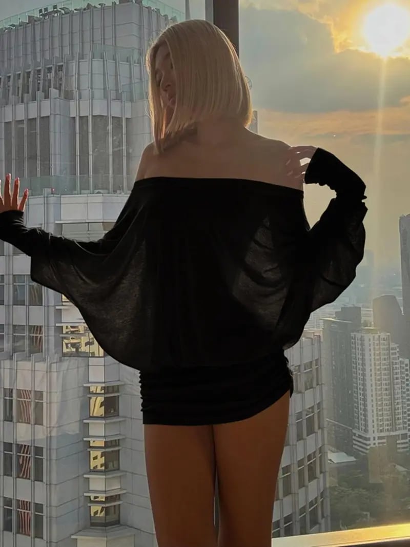 Product Introduction of Women's Solid Off The Shoulder Sheer Ruched Dress, Fashion Casual Long Sleeve Mini Dress for Party Club Holiday, Women Dress for Spring & Fall, Longsleeves, Womenswear, Sneaky Peek Dress 2