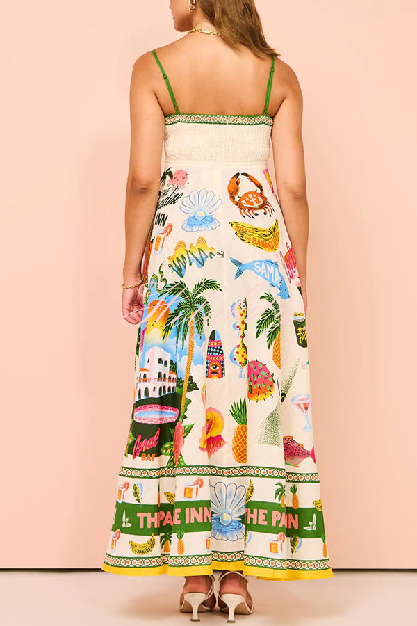 Holiday Paradise Linen Blend Unique Print Smocked Back Pocket Maxi Dress-tidenox